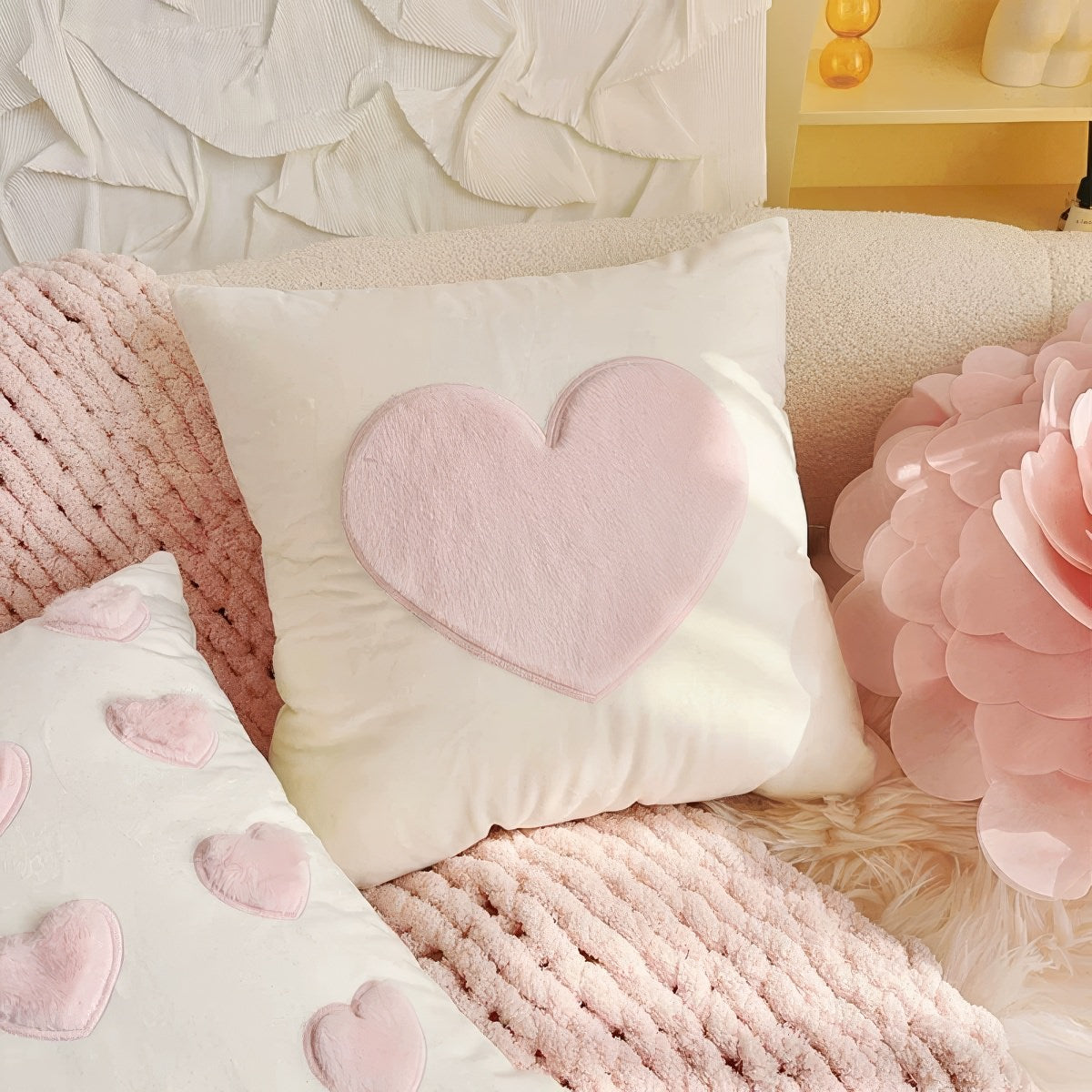 cute coquette aesthetic plush throw cushion covers with plush hearts
