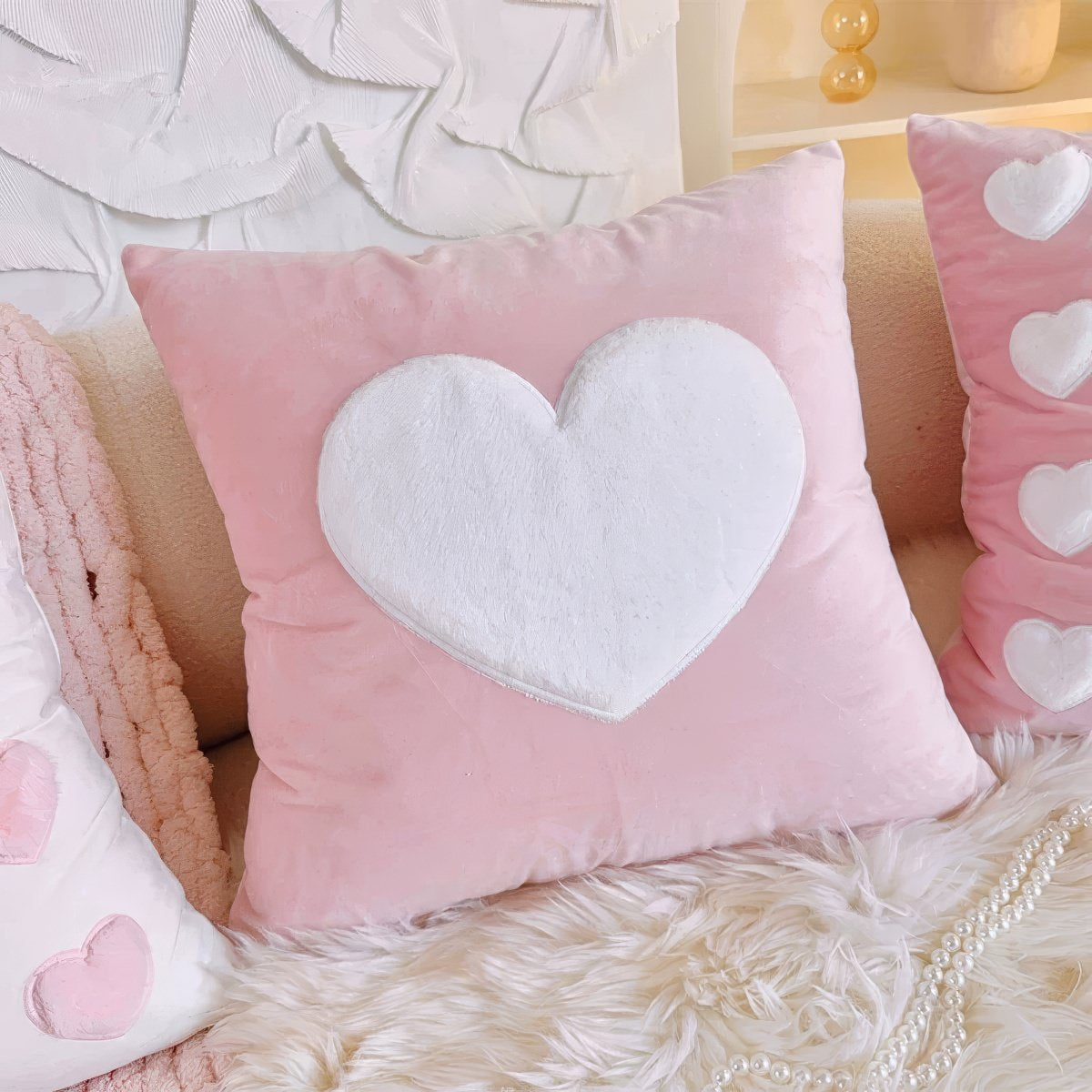 cute coquette aesthetic plush throw cushion covers with plush hearts