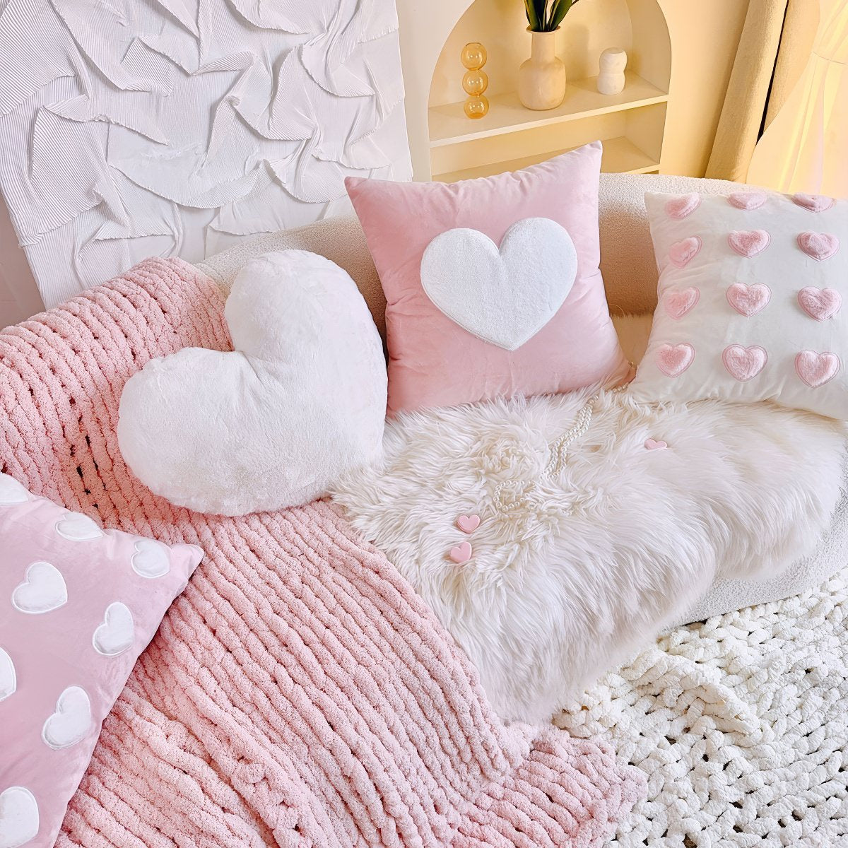 cute coquette aesthetic plush throw cushion covers with plush hearts