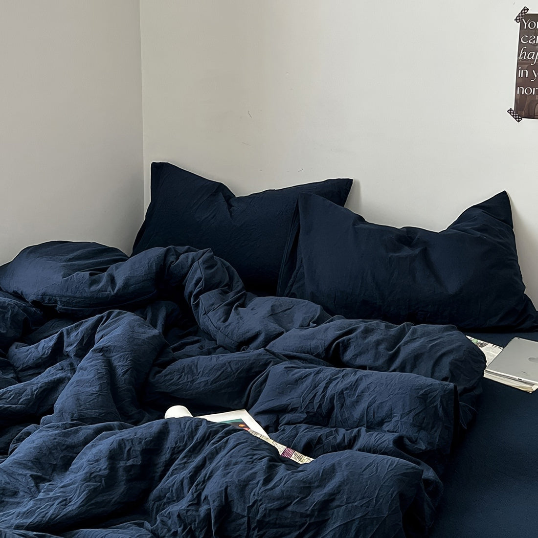navy blue deep ocean themed color minimalist aesthetic bedding duvet cover set 