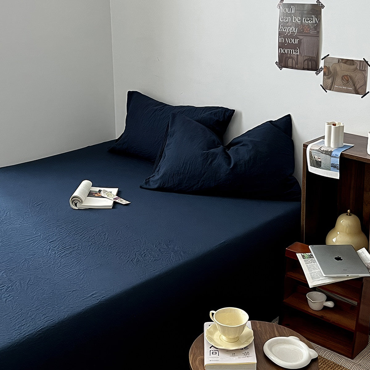 navy blue deep ocean themed color minimalist aesthetic bedding duvet cover set 