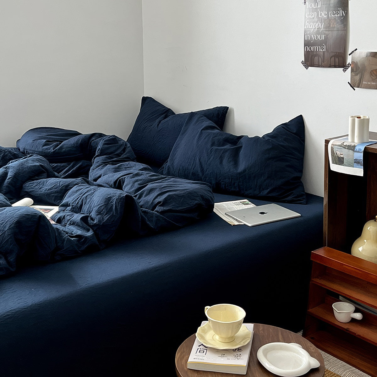 navy blue deep ocean themed color minimalist aesthetic bedding duvet cover set 