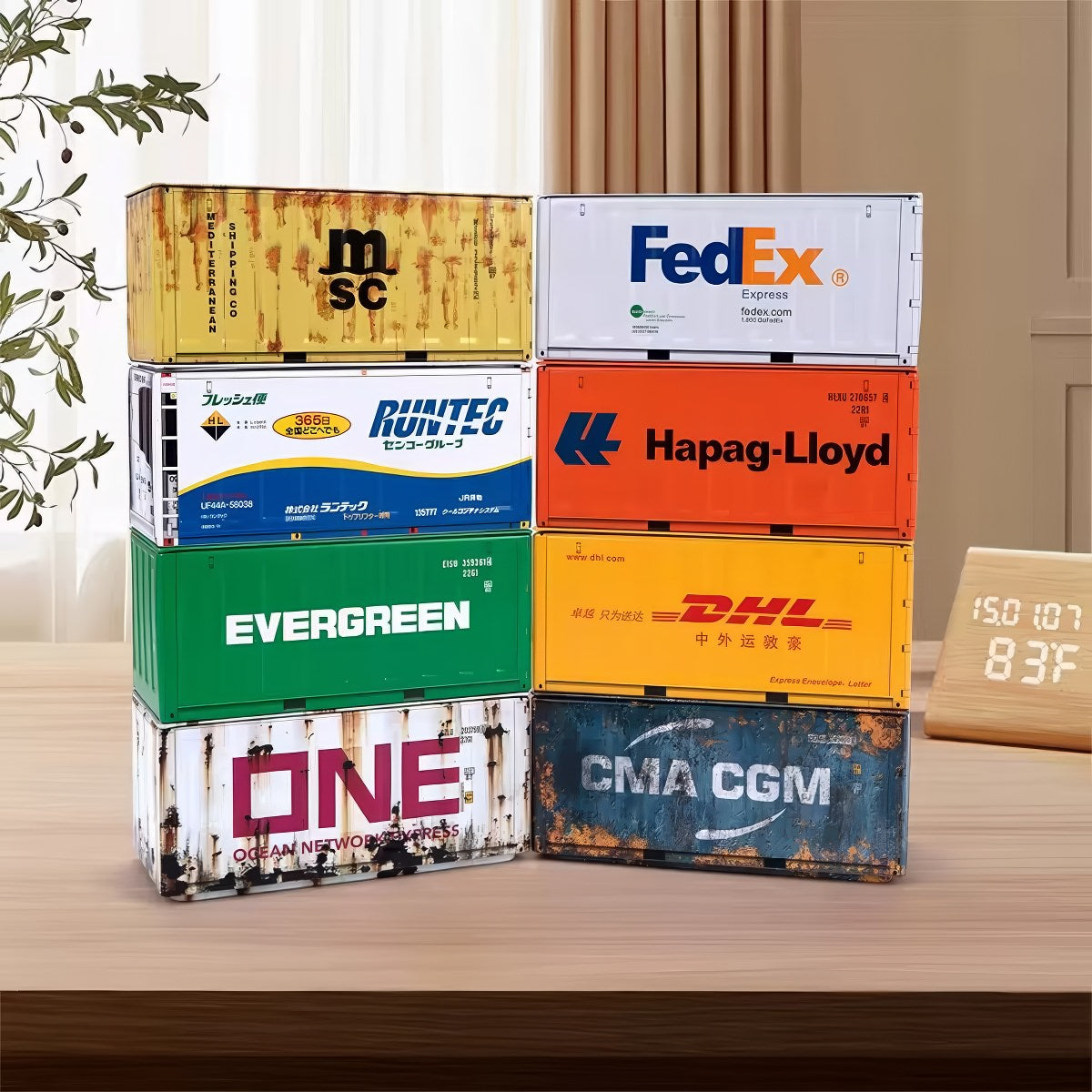 Mini shipping container iron storage box with realistic branding and colorful designs