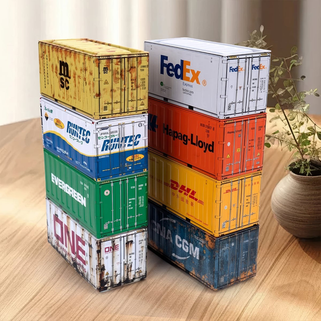 Mini shipping container iron storage box with realistic branding and colorful designs