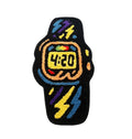 Black watch-shaped tufted rug with a retro 4:20 digital display, colorful lightning bolt graphics, and anti-slip backing