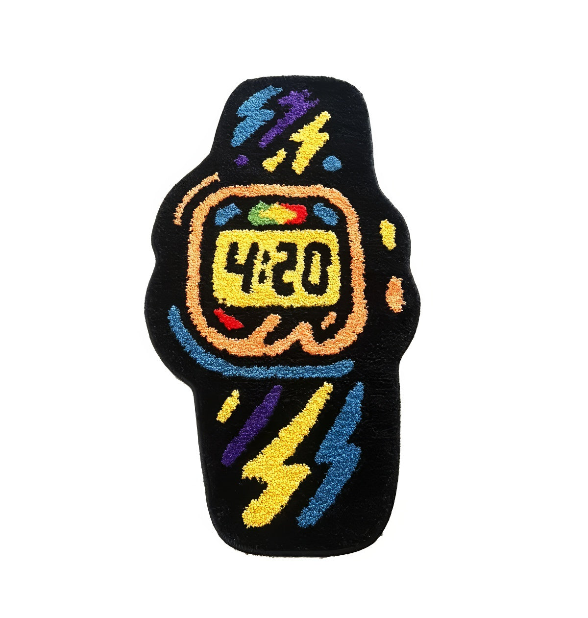Black watch-shaped tufted rug with a retro 4:20 digital display, colorful lightning bolt graphics, and anti-slip backing