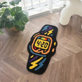 Black watch-shaped tufted rug with a retro 4:20 digital display, colorful lightning bolt graphics, and anti-slip backing