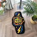 Black watch-shaped tufted rug with a retro 4:20 digital display, colorful lightning bolt graphics, and anti-slip backing