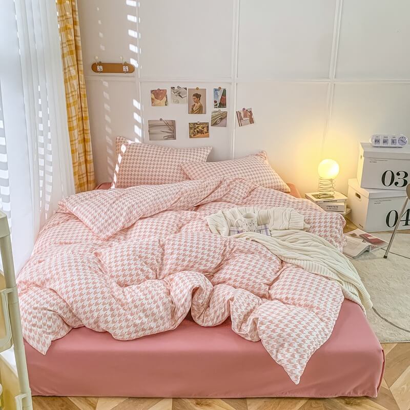 korean style aesthetic bedding set with dogtooth check pattern print pink