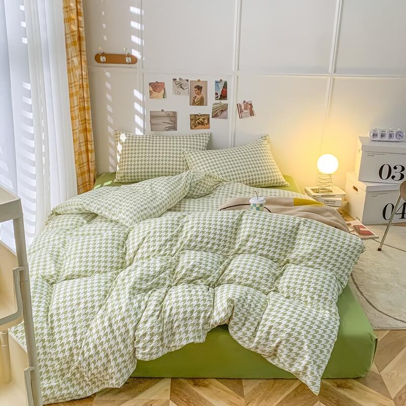 korean style aesthetic bedding set with dogtooth check pattern print green