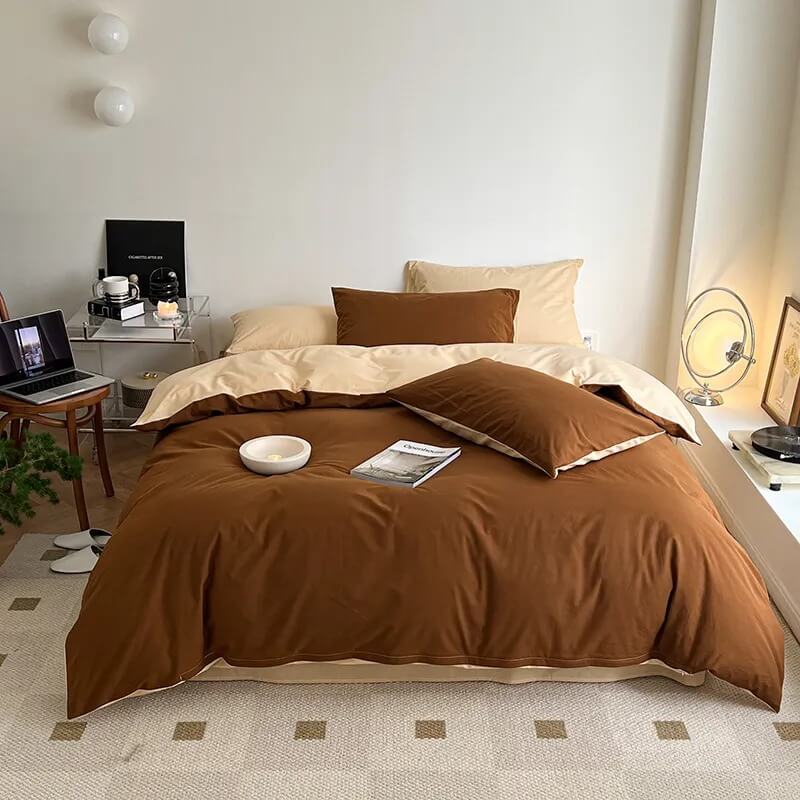 Cute Bedding Set, Checkered Bedding Flat Sheet, Brown Duvet Cover, Dor