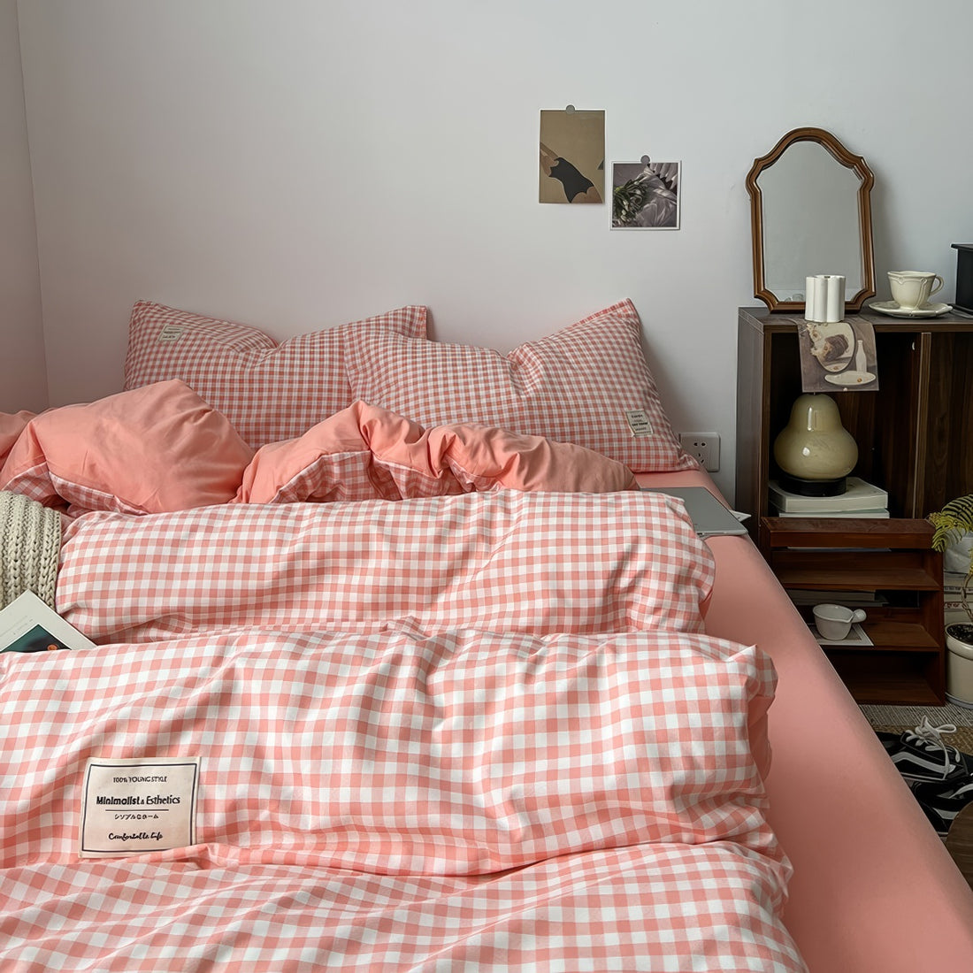 dusty peachy pink color classic gingham pattern print aesthetic bedding duvet cover set