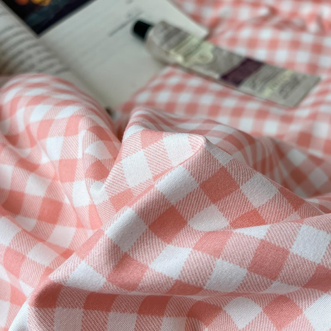 dusty peachy pink color classic gingham pattern print aesthetic bedding duvet cover set
