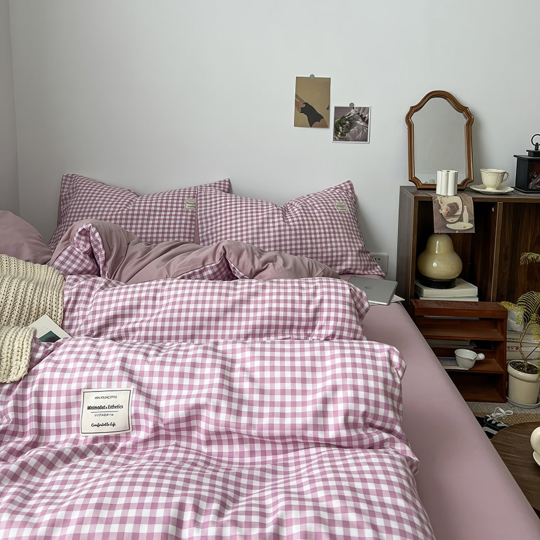 dusty purple classic gingham check pattern print aesthetic bedding duvet cover set