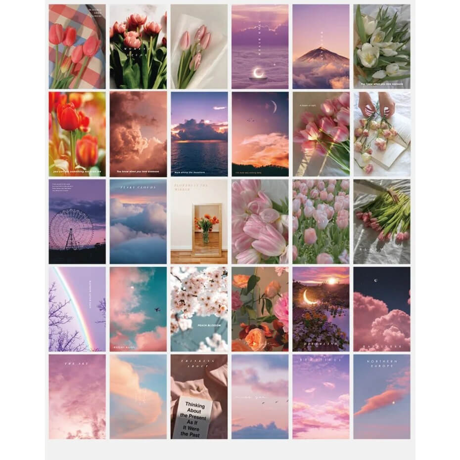 pink shaded clouds and tulips wall collage cards 30 pcs set roomtery