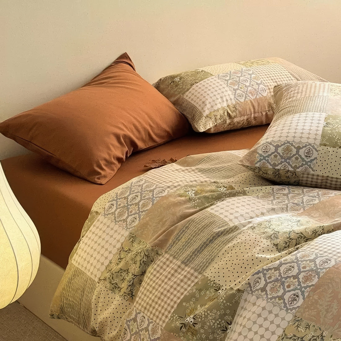 earthy aesthetic patchwork print vintage bedding duvet cover set 