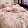 fluffy plush sherpa aesthetic bedding set with embroidered bow pattern