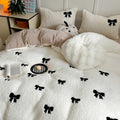 fluffy plush sherpa aesthetic bedding set with embroidered bow pattern