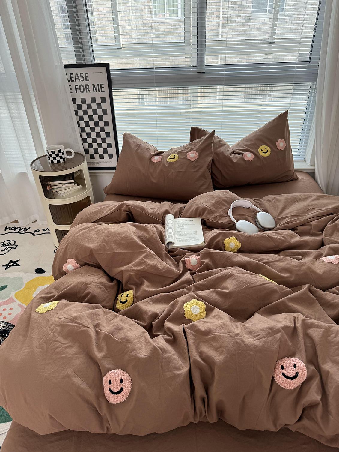 cute embroidered smiles and flowers pastel aesthetic bedding duvet cover set in dusty brown color