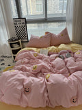 cute embroidered smiles and flowers pastel aesthetic bedding duvet cover set in pastel pink and yellow color