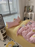 cute embroidered smiles and flowers pastel aesthetic bedding duvet cover set in pastel pink and yellow color