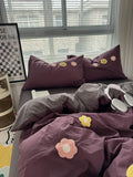 cute embroidered smiles and flowers pastel aesthetic bedding duvet cover set in deep purple color