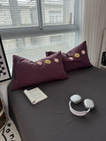 cute embroidered smiles and flowers pastel aesthetic bedding duvet cover set in deep purple color