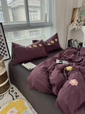 cute embroidered smiles and flowers pastel aesthetic bedding duvet cover set in deep purple color