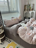 cute embroidered smiles and flowers pastel aesthetic bedding duvet cover set in dusty pink color