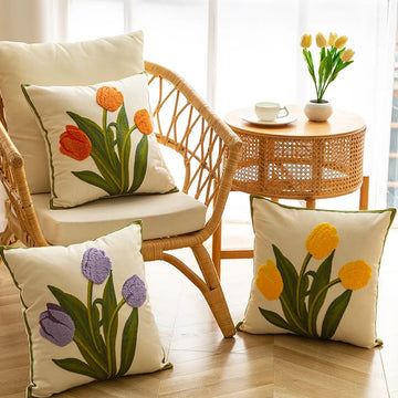 embroidered tulip cute cushion cover aesthetic room decor roomtery