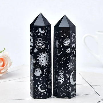 natural obsidian pointing tower crystal engraved with witchy sun and moon pattern roomtery