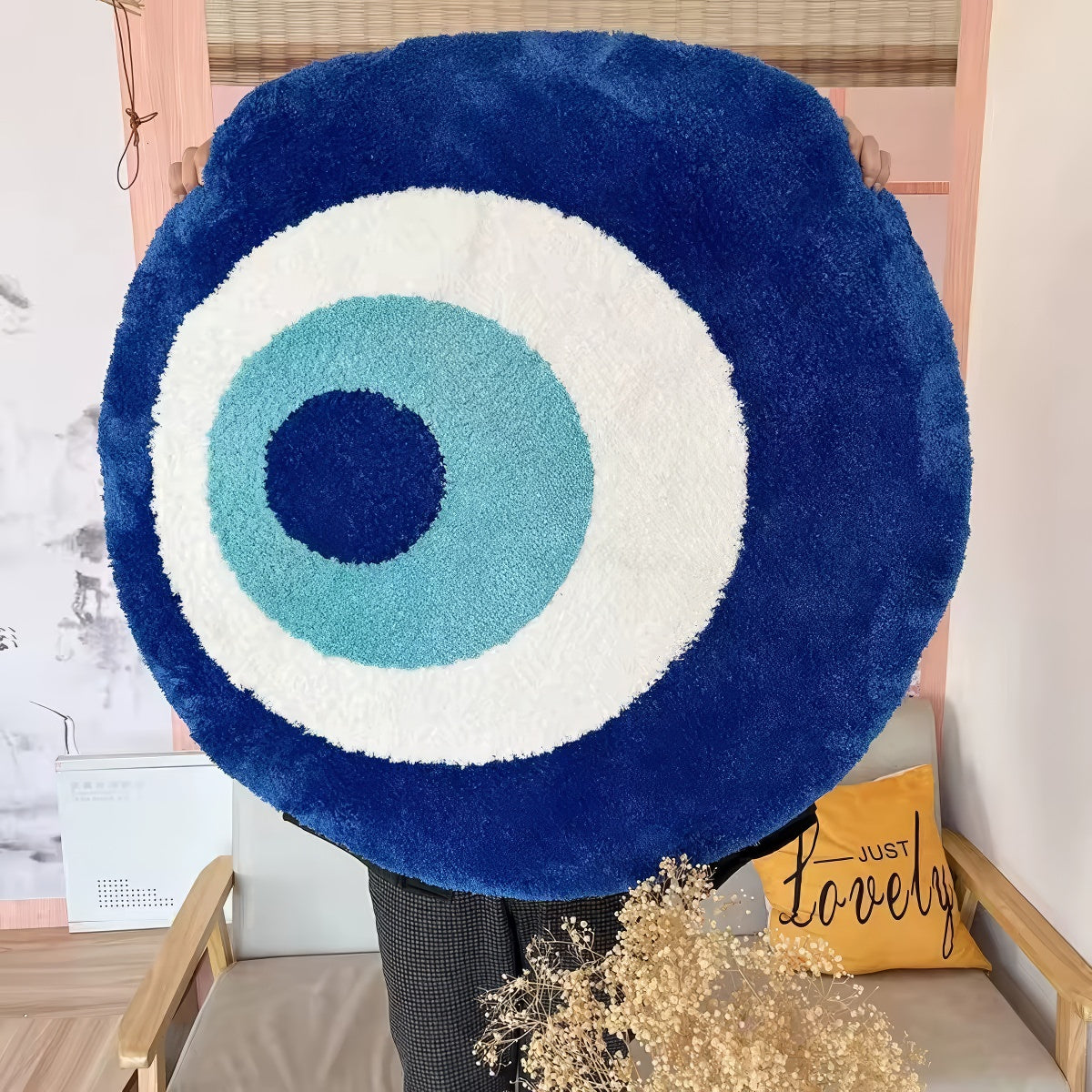 blue evil eye round shaped tufted accent rug