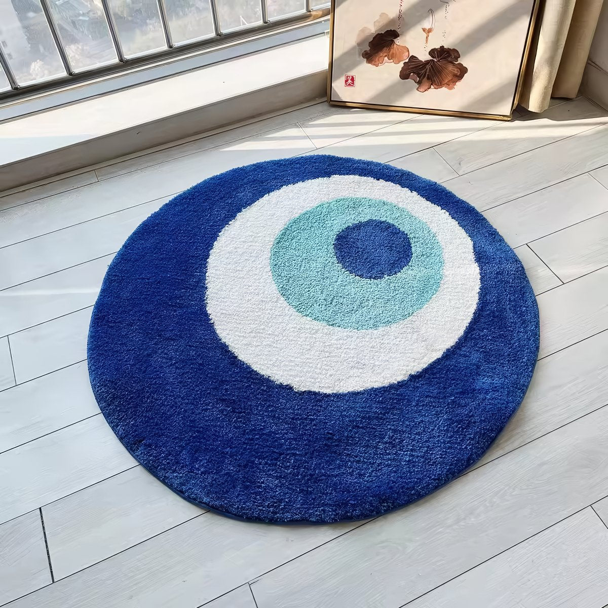 blue evil eye round shaped tufted accent rug