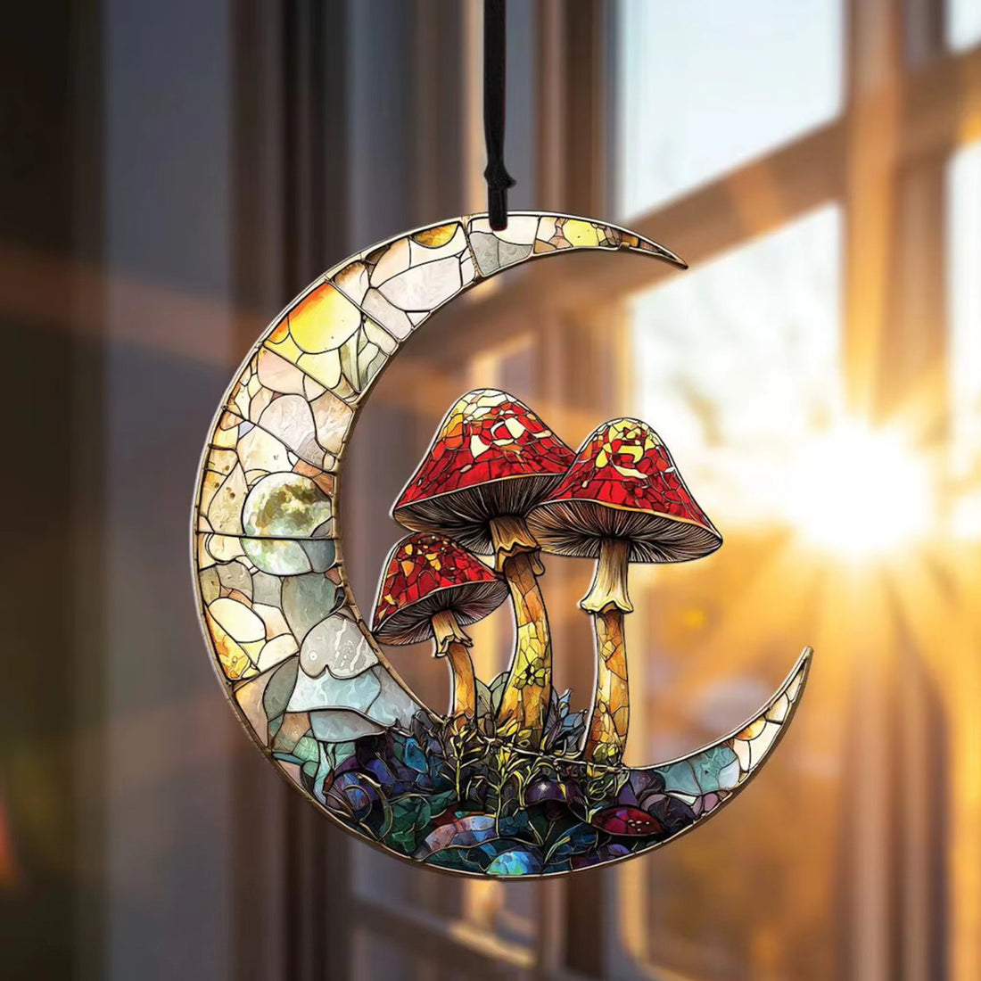 Fairycore aesthetic stained glass moon with mushrooms suncatcher 