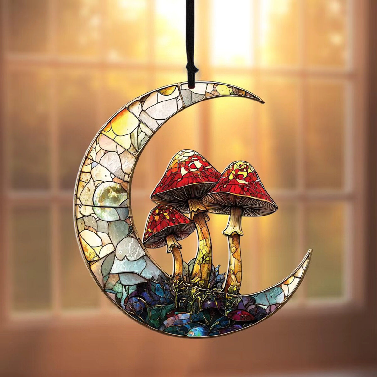 Fairycore aesthetic stained glass moon with fly agaric mushrooms suncatcher 
