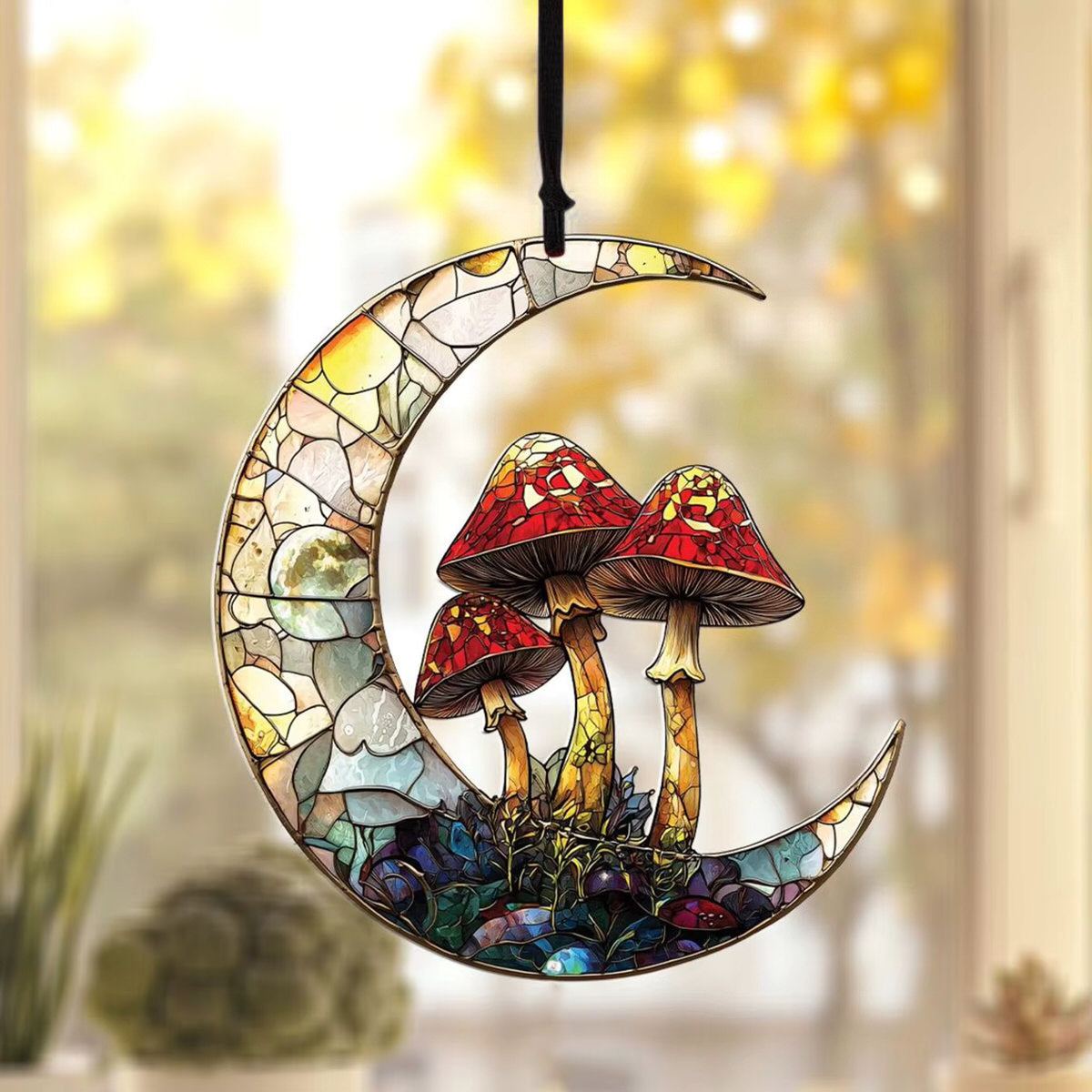 Fairycore aesthetic stained glass moon with fly agaric mushrooms suncatcher 