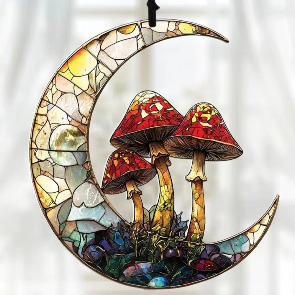 Fairycore aesthetic stained glass moon with fly agaric mushrooms suncatcher 