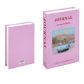 Decorative faux book storage box designed as a colorful hardcover book with a hidden storage compartment for organizing small household items while decorating shelves and tables