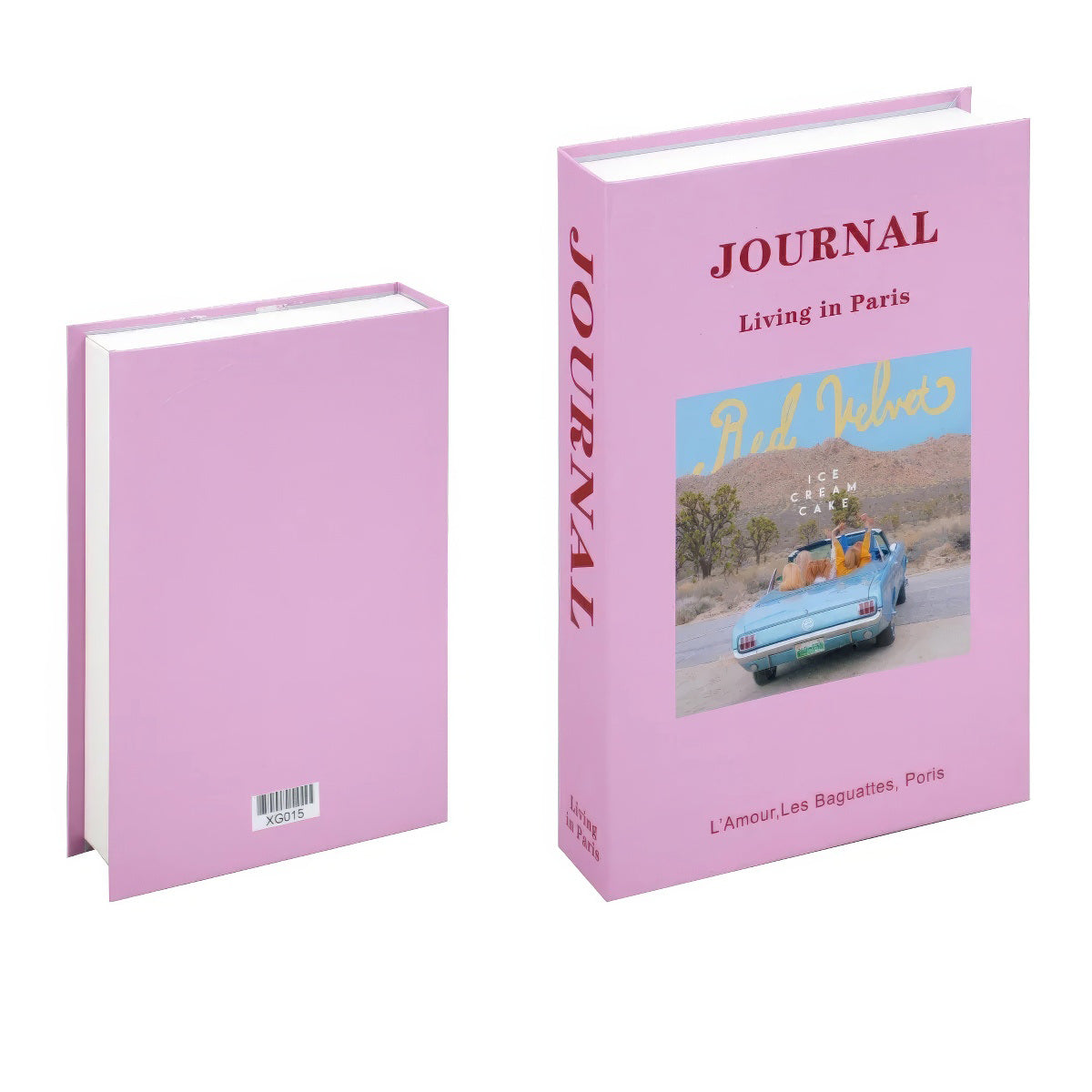 Decorative faux book storage box designed as a colorful hardcover book with a hidden storage compartment for organizing small household items while decorating shelves and tables