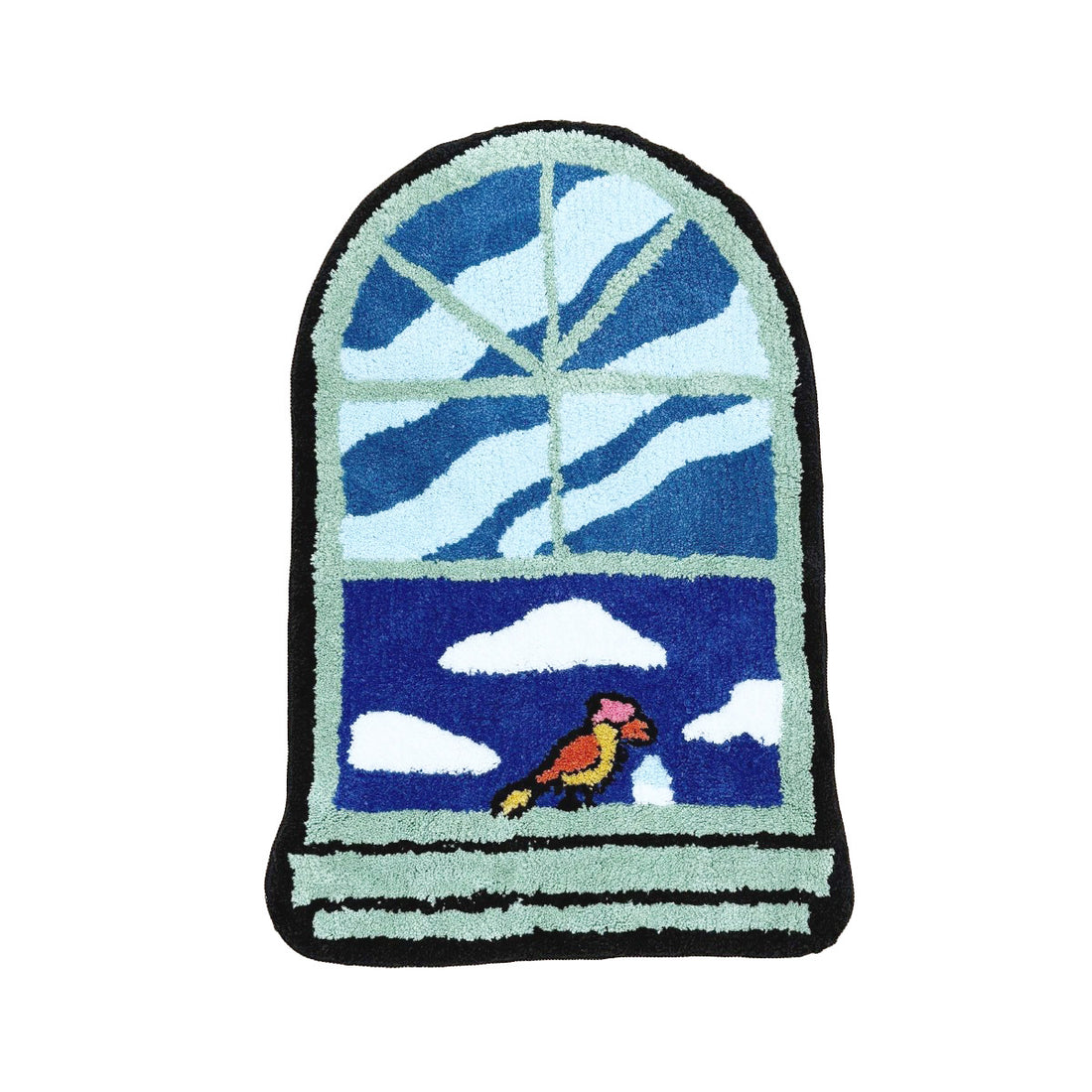 A tufted rug shaped like an arched window, displaying a blue sky with white clouds and a colorful bird on the sill