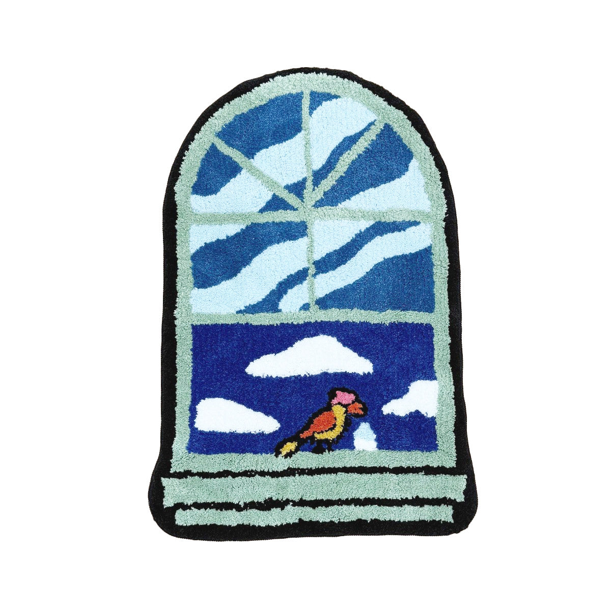 A tufted rug shaped like an arched window, displaying a blue sky with white clouds and a colorful bird on the sill