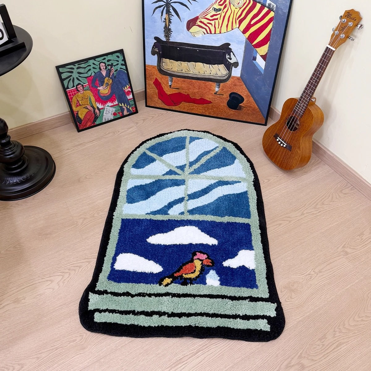 A tufted rug shaped like an arched window, displaying a blue sky with white clouds and a colorful bird on the sill