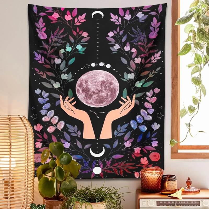 floral botanical print moon in the hands wall hanging decor aesthetic tapestry roomtery