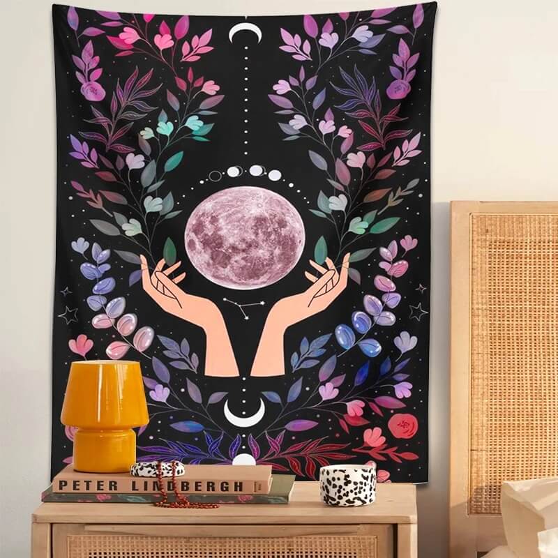 floral botanical print moon in the hands wall hanging decor aesthetic tapestry roomtery