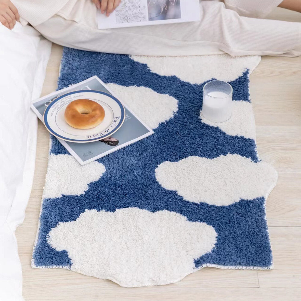 cute white clouds an blue sky print tufted accent bedside rug roomtery