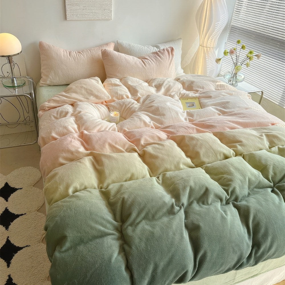 fluffy soft fleece fabric bedding duvet cover set with pastel peachy to sage green gradient color print