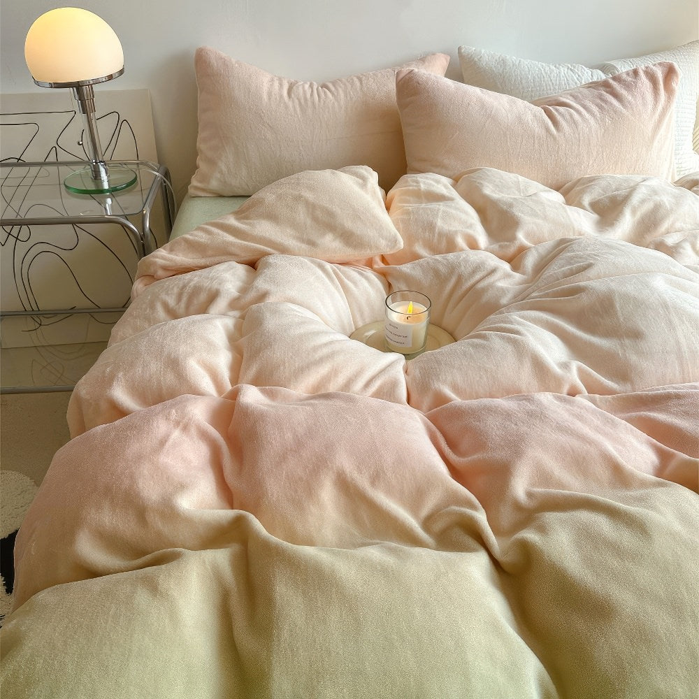 fluffy soft fleece fabric bedding duvet cover set with pastel peachy to sage green gradient color print