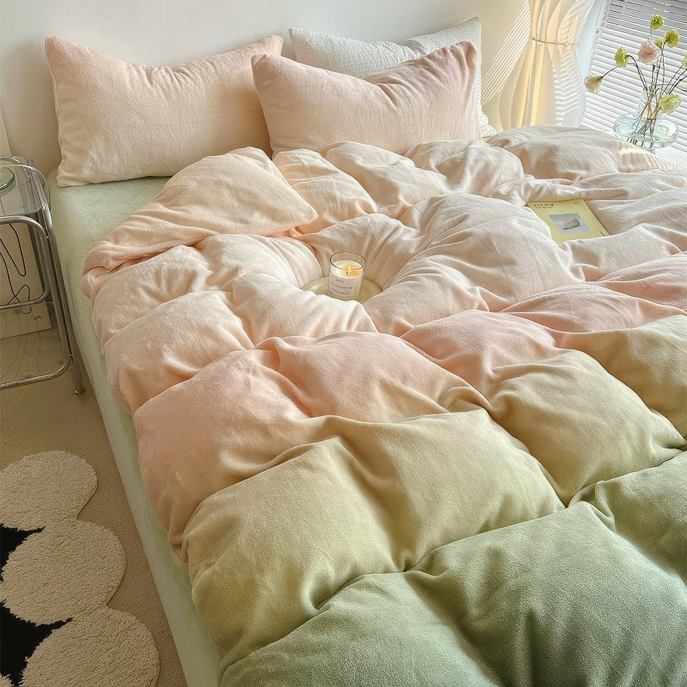 fluffy soft fleece fabric bedding duvet cover set with pastel peachy to sage green gradient color print