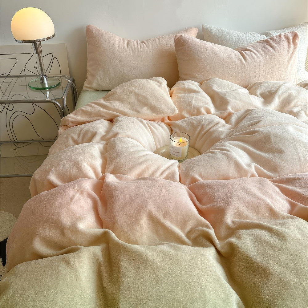 fluffy soft fleece fabric bedding duvet cover set with pastel peachy to sage green gradient color print