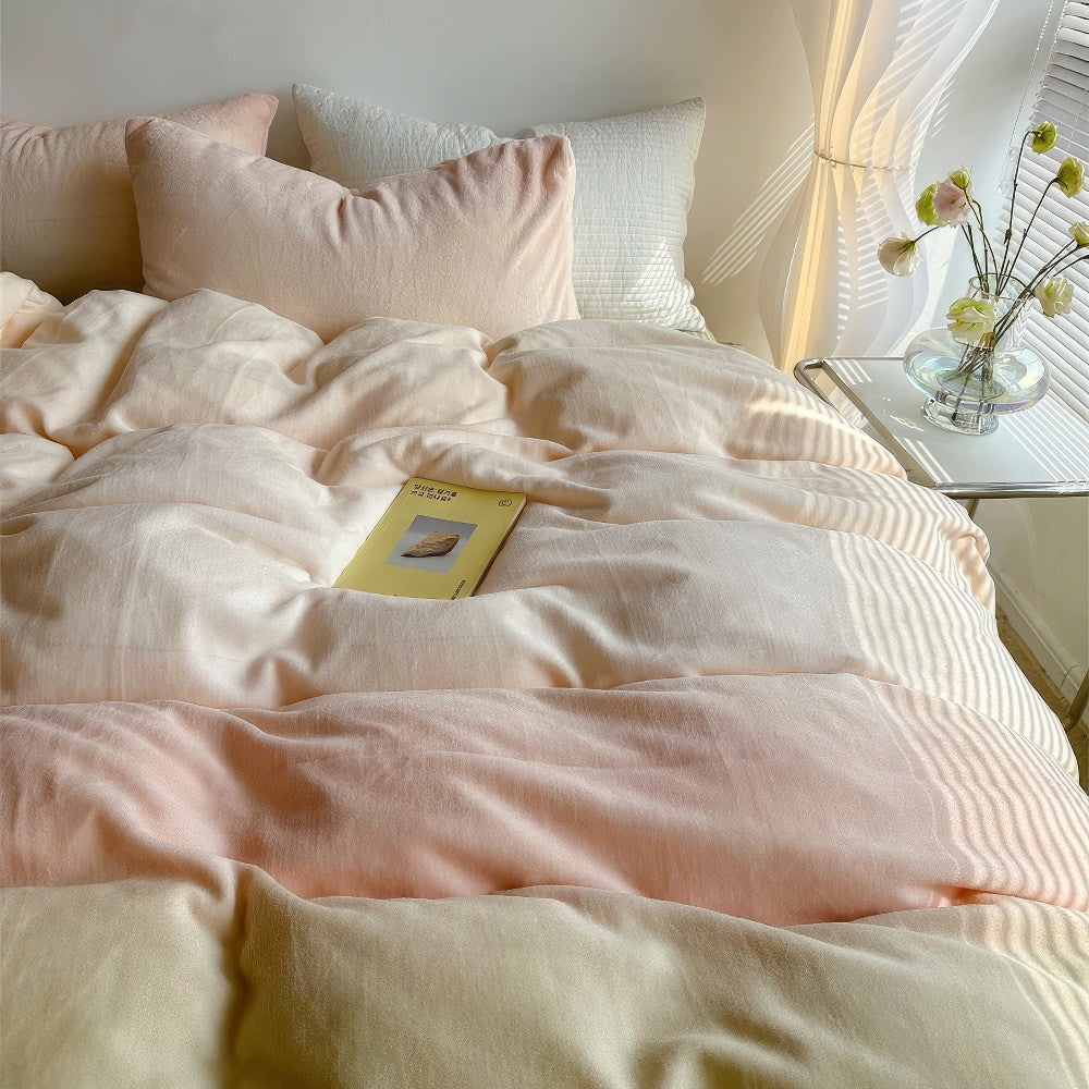 fluffy soft fleece fabric bedding duvet cover set with pastel peachy to sage green gradient color print